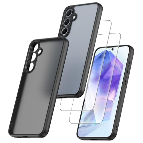 Qlfemna Matt Handyhülle für Samsung Galaxy A55 5G Hülle mit 2 Stück Schutzfolie, 3 in 1 Set Rundumschutz Schutzhülle Cover - urchscheinende PC Rückseite TPU Bumper Silikon Case Schwarz von Qlfemna