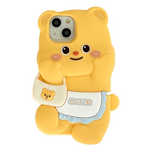 QoKcoahn Schutzhülle für iPhone 14, niedlicher 3D-Kawaii-Handyhüllen, lustiger Butterbär-Rucksack, Cartoon-Hülle mit Schlüsselanhänger, weiches Silikon-Gel, Fallschutz, für Damen und Mädchen von QoKcoahn