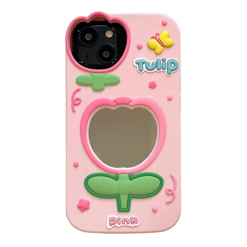 QoKcoahn Schutzhülle für iPhone 14 Pro, niedliche 3D-Kawaii-Handyhüllen, lustige Blume, Spiegel, Cartoon-Hülle mit Schlüsselanhänger, weiches Silikon-Gel, Fallschutz, für Damen und Mädchen von QoKcoahn