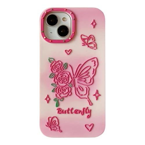 QoKcoahn Schutzhülle für iPhone 15 Pro, niedliche 3D-Kawaii-Handyhüllen, lustig, Halo-gefärbter Schmetterling, Cartoon-Hülle mit Schlüsselanhänger, weiches Silikon-Gel, Fallschutz, für Damen und von QoKcoahn