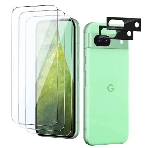 Qoosea 3 Pack Displayschutzfolie für Google Pixel 8A mit 2 Pack Kameraobjektivschutz, 9H Härte Panzerglasfolie mit HD Klar Blasenfrei Hülle Freundlich Schutzglas für Google Pixel 8A von Qoosea