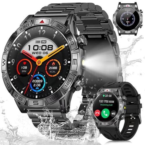 Smartwatch Herren mit Telefonfunktion, 1,43" AMOLED Fitnessuhr Herren Armbanduhr mit 100+ Modi, Wasserdicht 1ATM, Lange Akku, LED lampe, Kompass, Höhenmesser, Barometer für Android iOS (Schwarz) von Qsdboc