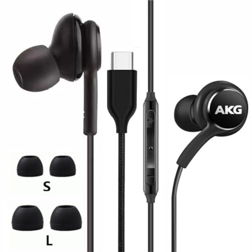 2025 In-Ear-Stereo-Kopfhörer für Samsung Galaxy S24 S23 S22 S21 S20, Note 10, 10+ – entworfen von AKG – mit Mikrofon und Lautstärkeregelung Typ-C-Anschluss – Schwarz von Qtresi