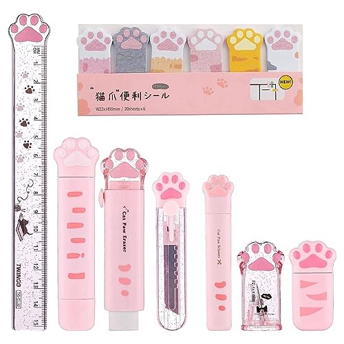 Qusedwey 8-Teiliges Süßes Katzenpfoten-Briefpapier-Set, Kawaii-Schulbedarf, Inklusive Bleistiftspitzer, Einziehbarer Radiergummi, Langlebig (Rosa) von Qusedwey