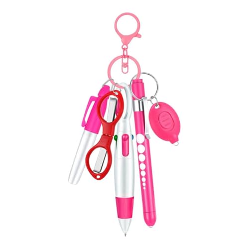 Qussedser 6-In-1 Multifunktions-Kugelschreiber-Set mit Druckfunktion, Taschenlampe, Faltbare Schere, Kugelschreiber, Schlüsselanhänger, Krankenschwester-Stifte, Rosa von Qussedser