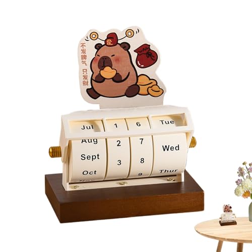 Qutalmi Holzradkalender, Drehtischkalender | Holz-Capybara-Kalender-Schreibtisch-Ornament - Rotierender ewiger Kalender, Foto-Requisiten, Desktop-Ornamentkalender für Zuhause, Schule, Geschäft von Qutalmi