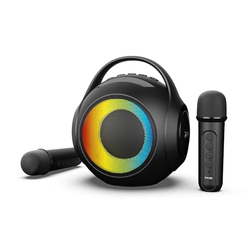 R-MUSIC DuOLED – kabelloser RGB-Lautsprecher mit 2 Karaoke-Mikrofonen – AUX-/Micro SD/USB-Anschlüsse, 11 Lichtspiele, 2 Mikrofone inklusive, Halterung für Smartphone, Stimmverzerrung von R-MUSIC