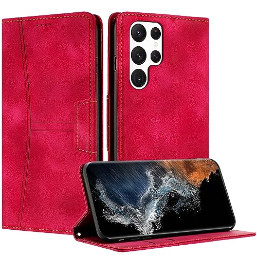 RADOO Kompatible Samsung Galaxy S23 Ultra Hülle, Faltbare PU Premium Leder Flip Handyhülle mit Kartensteckplatzständer Magnetverschluss Stoßfeste Lederhülle (Rot) von RADOO