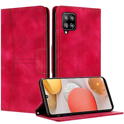 RADOO Kompatible Samsung Galaxy A22 4G Hülle, Faltbare PU Premium Leder Flip Handyhülle mit Kartensteckplatzständer Magnetverschluss Stoßfeste Lederhülle (Rot) von RADOO