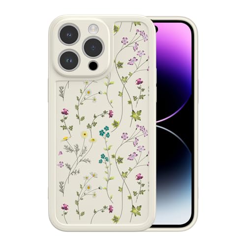 RALEAVO Blume Hülle Kompatibel mit iPhone 14 Pro (6.1"), Stoßfeste Silikon Hülle mit Niedlichen Motiv Dünne Handyhülle Kameraschutz Schutzhülle für iPhone 14 Pro-Beige von RALEAVO