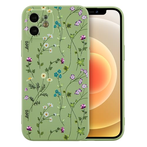 RALEAVO Blumen Handyhülle für iPhone 12, Hochwertiges Flüssig Silikon Stoßfeste Schutzhülle mit niedlichen Blumenmustern, Ultra Dünn mit Microfiber Matt Hülle für iPhone 12-Grün von RALEAVO