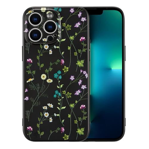 RALEAVO Blumen Handyhülle für iPhone 13 Pro, Hochwertiges Flüssig Silikon Stoßfeste Schutzhülle mit niedlichen Blumenmustern, Ultra Dünn mit Microfiber Matt Hülle für iPhone 13 Pro-Schwarz von RALEAVO