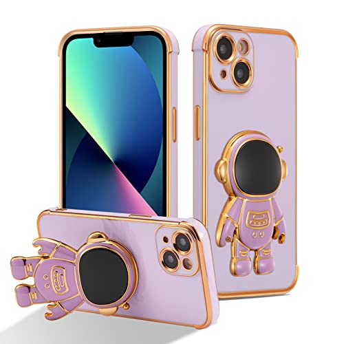 RALEAVO Hülle für iPhone 15 (6.1") mit Astronaut Ständer, Kameraschutz Kratzfest Stoßfeste Bumper Handyhülle mit 3D Cartoon für iPhone 15-Lila von RALEAVO