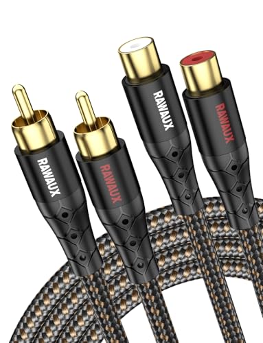 RAWAUX 2 Cinch Verlängerungskabel, Cinch Kabel 2x Cinch Stecker auf 2x Cinch Buchse 24K Vergoldete Stereo Audio Kabel für Lautsprecher, Verstärker, Heimkino, und TV (1M, 2 Cinch Buchse - Schwarz) von RAWAUX