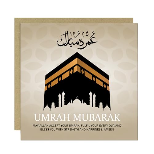 RED OCEAN Umrah Mubarak Karte für Familie und Freunde, Kaaba Islamische Karte, Hajj Mubarak, Ramadan, Eid, 145 mm x 145 mm, Grußkarte mit Bastelumschlag von RED OCEAN