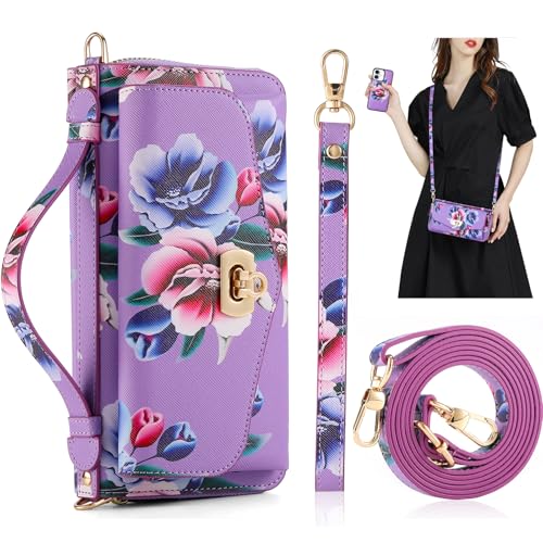 REEGINCH Crossbody-Schutzhülle für iPhone 16, 15,5 cm (6,1 Zoll), magnetisch, abnehmbar, Blumenmuster, PU-Leder, mit RFID-blockierendem Kartenhalter, Handgelenkspiegel, Klapp-Reißverschluss, von REEGINCH