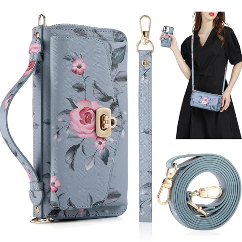 REEGINCH Crossbody-Schutzhülle für iPhone 16, 15,5 cm (6,1 Zoll), magnetisch, abnehmbar, Blumenmuster, PU-Leder, mit RFID-blockierendem Kartenhalter, Handgelenkspiegel, Klapp-Reißverschluss, von REEGINCH