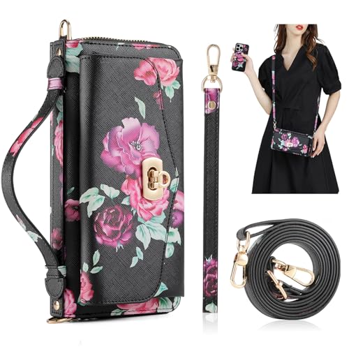 REEGINCH Crossbody-Schutzhülle für iPhone 16 Pro 16 cm (6,3 Zoll), magnetisch, abnehmbar, Blumenmuster, PU-Leder, mit RFID-blockierendem Kartenhalter, Handgelenkspiegel, Klapp-Reißverschluss, von REEGINCH