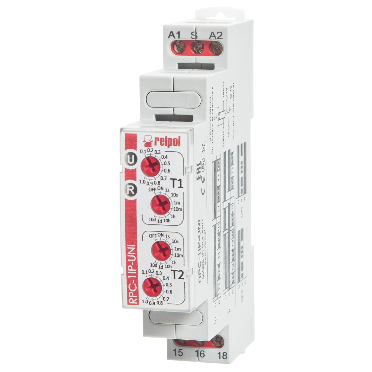 RELPOL RPC-1IP-UNI Zeitrelais doppelter Zeitgeber Zyklischer Betrieb 2Intervalle 1Wechsler 12V bis 240V AC/DC 16A von RELPOL