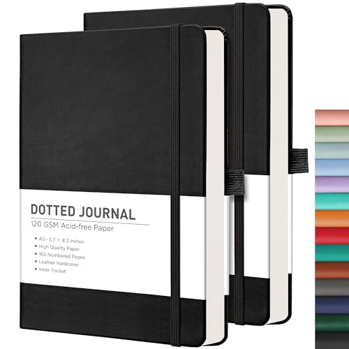 RETTACY A5 Dotted Notizbuch/Bullet Journal mit BONUS Schablonen, 2 Pack Dot Grid Notebook,PU-Leder, insgesamt 320 Seiten und 8 perforierte Seiten, Innentasche, gebundenes 5,75 × 8,3,8 Zoll von RETTACY