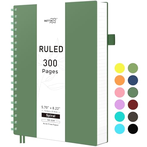 RETTACY A5 Notizblock, Notizbuch, Spiralgebundene Notizbücher, 300 Blatt/150 Seiten Zum Schreiben, 100 G/m² College-liniertes Papier, PVC-Hardcover, 14,5 X 21 Cm - Dunkelgrün von RETTACY