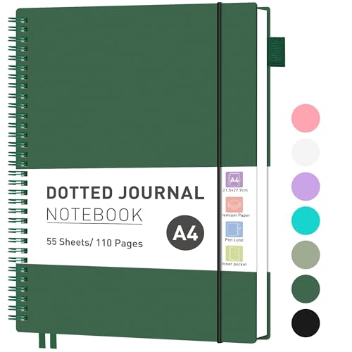 RETTACY Notizbuch A4 Gepunktetes, Bullet Dot Journal, Leichtgewicht Collegeblock, 110 Blatt / 55 Seiten Zum Schreiben, 100gsm, PVC Rinbuch, für Frauen Männer Arbeit Büro, 21,5 x 27,9cm - Dunkelgrün von RETTACY