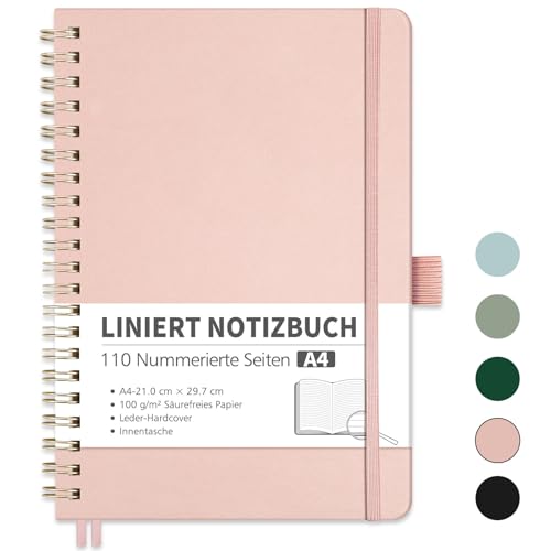 RETTACY Notizbuch A4 Liniert, Bullet Journal mit 100 g/m² Dickem Papier, 55 Blatt/110 Nummerierten Seiten, Collegeblock für Büro und Schule, Lederhülle, Roségold, 21 cm x 29.7 cm von RETTACY