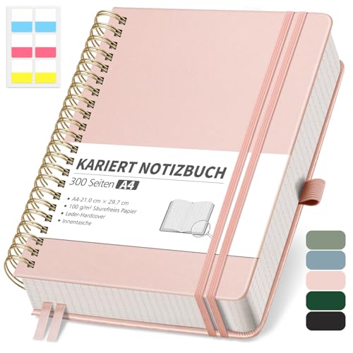 RETTACY Notizbuch A4 kariert, Bullet Journal mit 100 g/m² Dickem Papier, 150 Blatt, Collegeblock für Büro und Schule, Lederhülle, Roségold,21 cm x 29.7 cm von RETTACY