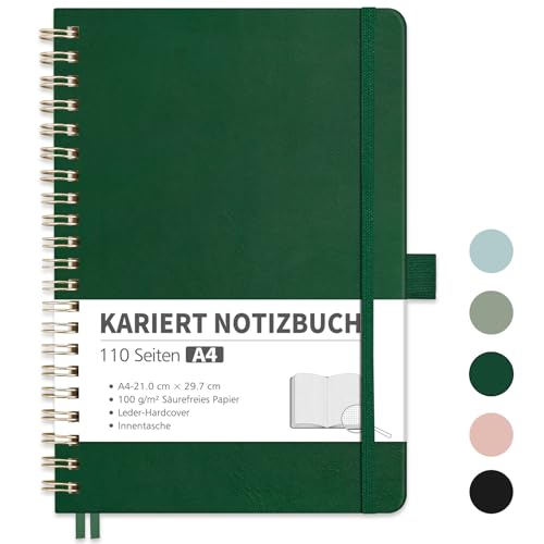 RETTACY Notizbuch A4 kariert, Bullet Journal mit 100 g/m² Dickem Papier, 55 Blatt, Collegeblock für Büro und Schule, Lederhülle, Dunkelgrün, 21 cm x 29.7 cm von RETTACY