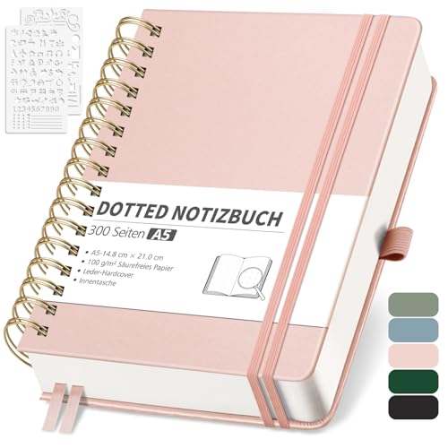 RETTACY Notizbuch A5 Dotted, Bullet Dot Journal mit 100 g/m² Dickem Papier, 150 Blatt, Notebook für Büro und Schule, Lederhülle, Roségold, 14.8 cm x 21 cm von RETTACY