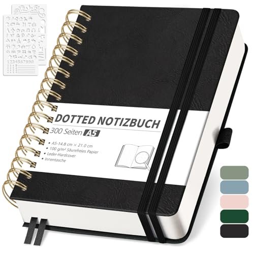 RETTACY Notizbuch A5 Dotted, Bullet Dot Journal mit 100 g/m² Dickem Papier, 150 Blatt, Notebook für Büro und Schule, Lederhülle, Schwarz, 14.8 cm x 21 cm von RETTACY