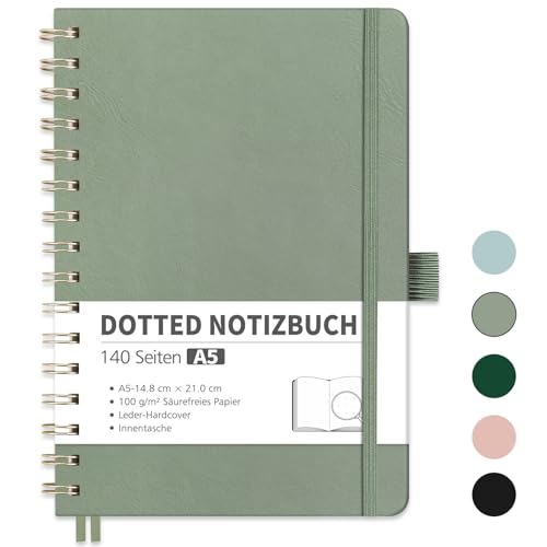 RETTACY Notizbuch A5 Dotted, Bullet Dot Journal mit 100 g/m² Dickem Papier, 70 Blatt, Notebook für Büro und Schule, Lederhülle, Hellgrün, 14.8 cm x 21 cm von RETTACY