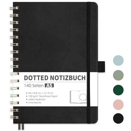 RETTACY Notizbuch A5 Dotted, Bullet Dot Journal mit 100 g/m² Dickem Papier, 70 Blatt, Notebook für Büro und Schule, Lederhülle, Schwarz, 14.8 cm x 21 cm von RETTACY