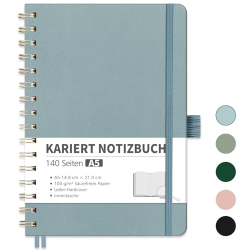 RETTACY Notizbuch A5 kariert, Bullet Journal mit 100 g/m² Dickem Papier, 70 Blatt, Collegeblock für Büro und Schule, Lederhülle, Grau-Blau, 14.8 cm x 21 cm von RETTACY