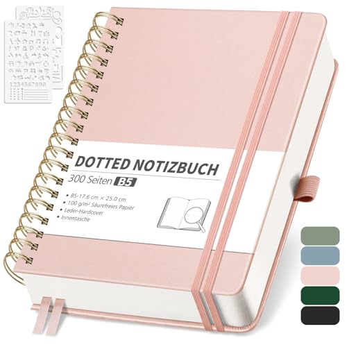 RETTACY Notizbuch B5 Dotted, Bullet Dot Journal mit 100 g/m² Dickem Papier, 150 Blatt, Notebook für Büro und Schule, Lederhülle, Roségold, 17.6 cm x 25 cm von RETTACY