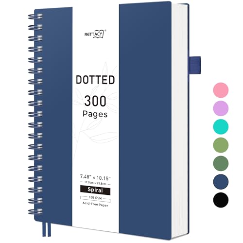 RETTACY Notizbuch B5 Gepunktetes, Bullet Dot Grid Journal, Spiral-Notizbücher 300 Blatt/150 Seiten zum Schreiben, 100gsm, PVC Hardcover, für Frauen Männer Arbeit Büro Schule, 19 x 25 cm - Marineblau von RETTACY