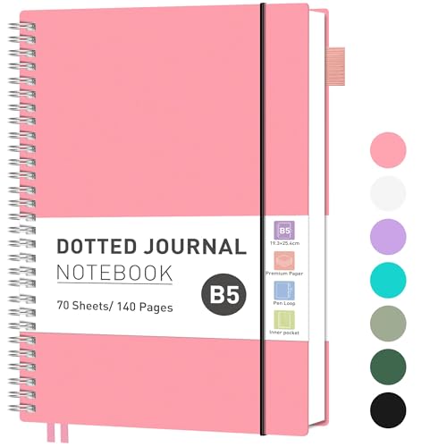 RETTACY Notizbuch B5 Gepunktetes, Bullet Dot Journal, Leichtgewicht Collegeblock, 140 Blatt / 70 Seiten Zum Schreiben, 100gsm, PVC Rinbuch, für Frauen Männer Arbeit Büro, 19.3x 25.4cm - Rosa von RETTACY