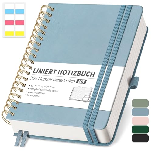 RETTACY Notizbuch B5 Liniert, Bullet Journal mit 100 g/m² Dickem Papier, 150 Blatt/300 Nummerierten Seiten, Collegeblock für Büro und Schule, Lederhülle, Grau-Blau, 17.6 cm x 25 cm von RETTACY