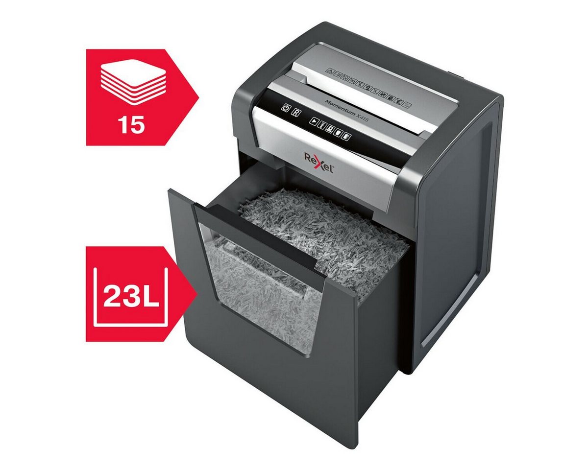 REXEL Aktenvernichter Momentum X415, Shredder, Partikelschnitt 4x40 mm, bis 15 Blatt, 23 Liter von REXEL