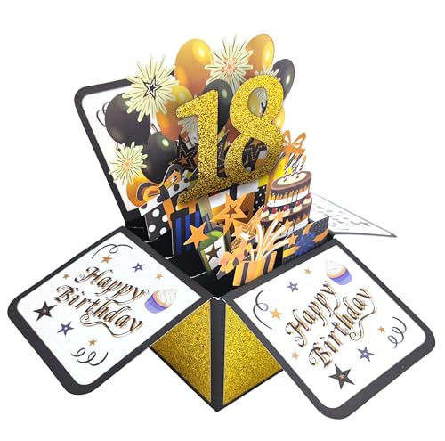 18. Geburtstagskarte, Geburtstag Grußkarten Karte 3D Pop Up Karte Birthday 18th Grußkarten Glückwünsche Geburtstagskarten mit Umschlag für Mama Frauen Geschenk-Karte Grußkarte Schwarz Gold von REYOK