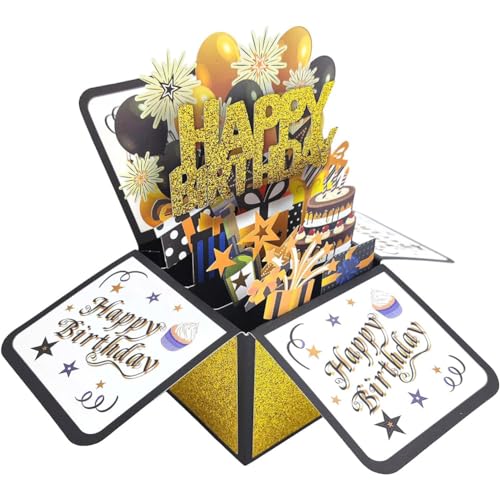 Geburtstagskarte, Geburtstag Grußkarten Karte 3D Pop Up Karte Happy Birthday Pop Up Grußkarten Glückwünsche Geburtstagskarten mit Umschlag für Mama Frauen Geschenk-Karte Grußkarte Schwarz Gold von REYOK