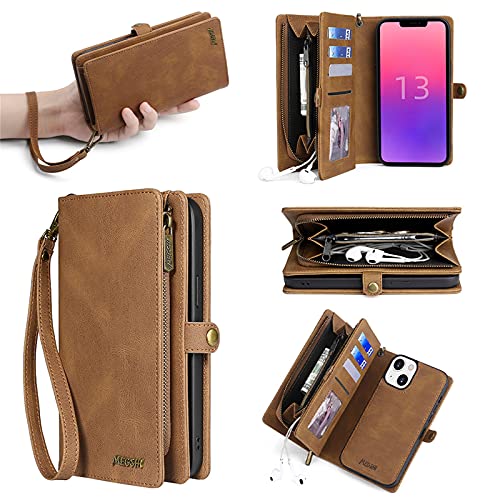 Schutzhülle für iPhone 13/Pro/ProMax/13MiNi, 2-in-1 abnehmbare Multifunktions-Schutzhülle, Magnetverschluss, PU-Leder, Reißverschluss mit Handschlaufe, Handtasche mit Klappkartenhalter, Braun, iPhone von RGANILX