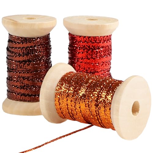 RIBBOOO Braunes und rotes Set, dünnes Band, 0,3 cm, metallisch, geflochten, doppelseitig, Ringelballonschnur, Bänder für Basteln, Geschenkverpackung, Haarparty, Hochzeit, Weihnachten, Dekoration, 2,7 von RIBBOOO