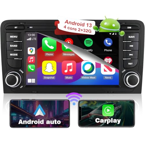 RICBAFEE Autoradio für Audi A3 S3 RS3 (2003-2012), 7 Zoll Touchscreen Android 13 Autoradio mit CarPlay Android Auto Navigation Bluetooth WiFi FM DSP MirrorLink Rückfahrkamera (2+32GB 4Core) von RICBAFEE