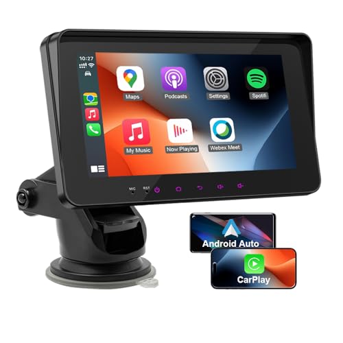 RICBAFEE Drahtloser Tragbarer CarPlay Bildschirm für Auto, 7 Zoll HD IPS Touchscreen Autoradio mit Android Auto MirrorLink, Bluetooth Freisprechfunktion, GPS Navigation, FM/AUX von RICBAFEE