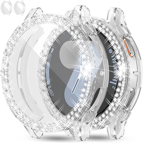 RICHONE Glitzernde Schutzhülle, kompatibel mit Samsung Galaxy-Watch 7, 44 mm, Displayschutzfolie, klar, weiche TPU-Hülle, 2-reihig, Strass, vollständiger Schutz, Bumper (2 x transparent, Galaxy Watch von RICHONE