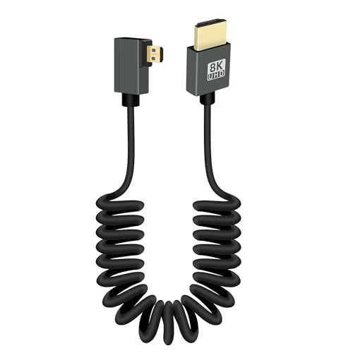 RIIEYOCA 8K Kurzes Micro HDMI zu HDMI Spiralkabel, 90 Grad Rechter Winkel 48Gbps High Speed HDMI2,1 Unterstützung HDR, 8K@60Hz, 4K@120Hz, Kompatibel mit Camcordern, Monitoren (Rechts) von RIIEYOCA