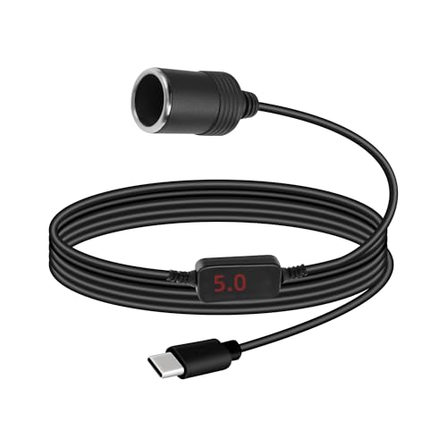 RIIEYOCA PD USB C Stecker zu Zigarettenanzünder Buchse Konverter Kabel, 5V zu 20V Typ C Zigarettenanzünder Buchse Adapter mit Digitalanzeige für Dash Cam, GPS, Baby Monitor (1,2M/3,9FT) von RIIEYOCA