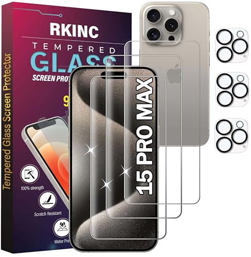 RKINC Panzerglas Schutz Glas für iPhone 15 Pro Max 6.7-Inch mit Kamera Schutzfolie, 3+3 Stück, Panzer HD Displayschutzfolie, Anti- Kratzer, Bläschenfrei, 9H Härte, HD-Klar von RKINC