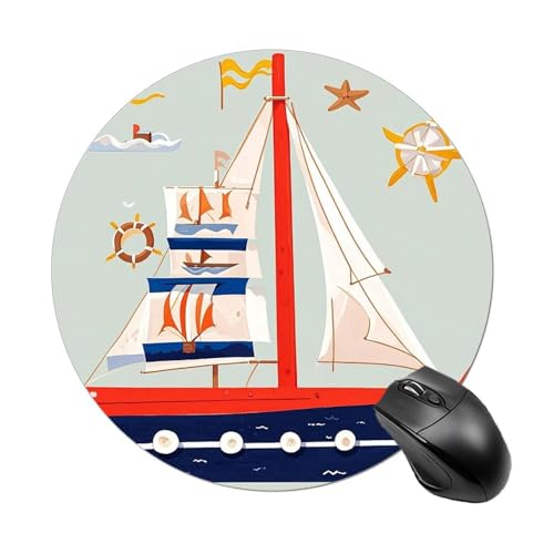 Rundes Mauspad, Cartoon-Segelboot, rutschfeste Gummiunterseite, kleines Mauspad, wasserdicht, Mauspad für Computer, Laptop, 20 x 20 cm von RKJVB